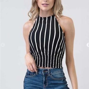 Smocking Waist Band Stripe Halter Neck Top 🖤🤍